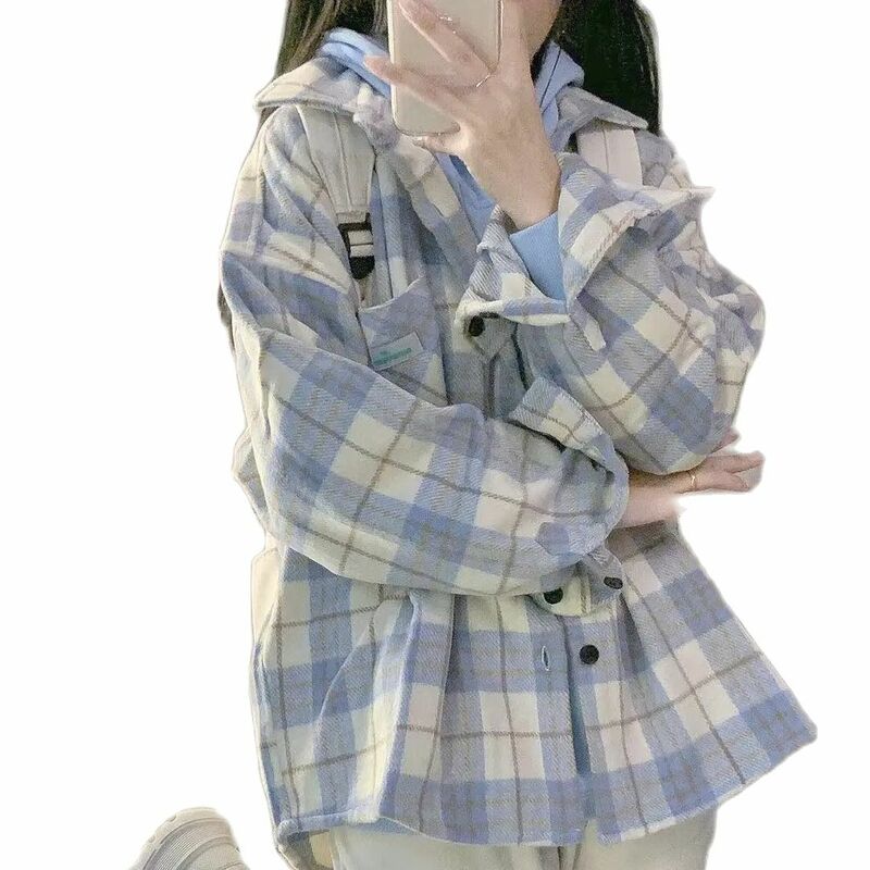 여성 학생 체크무늬 루즈핏 빈티지 하라주쿠 한국 스타일 편안한 레저 재킷, 부드러운 셔츠, 사랑스러운 가을