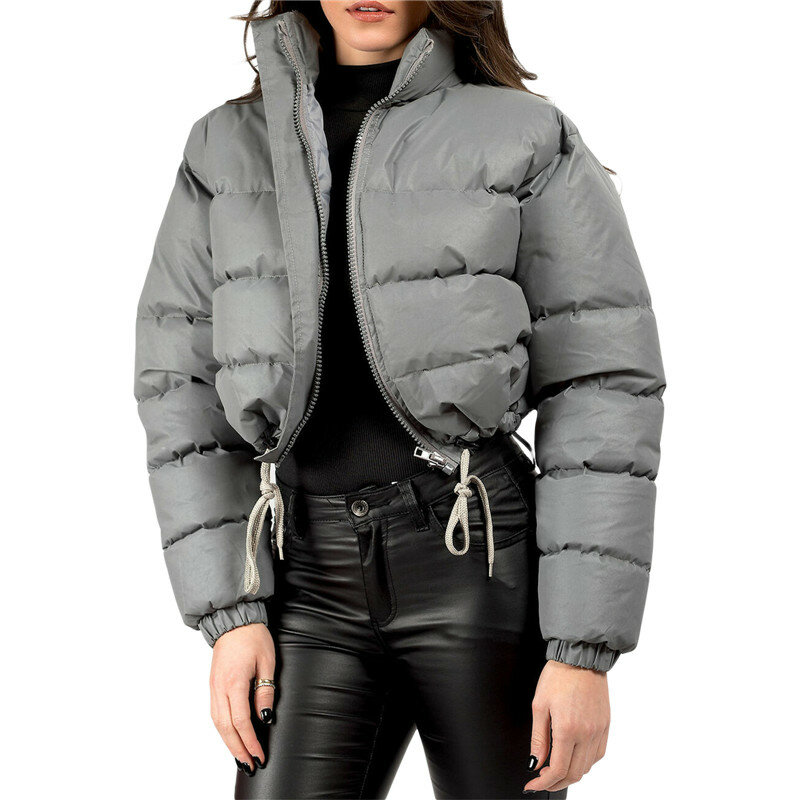 Jaket parka wanita lengan panjang, jaket musim dingin wanita, tebal, hangat, warna Solid, kerah berdiri, jaket ritsleting, mantel bantalan luar, musim gugur
