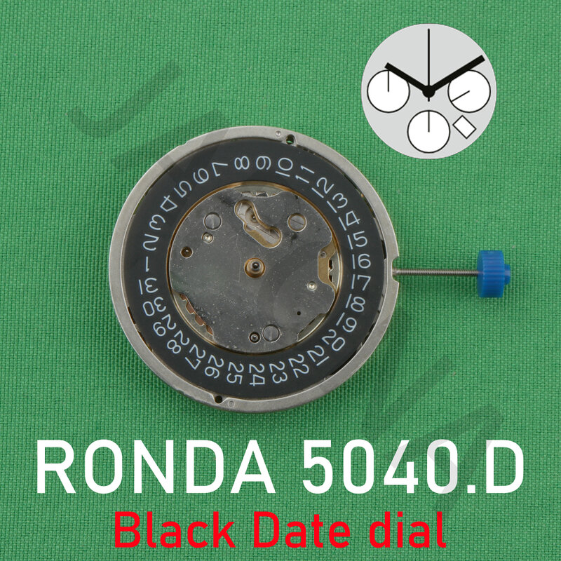 Часы Ronda 5040.D с механизмом 5040, швейцарские детали MOVMENET с белым сердечником, 6 драгоценностей/черный циферблат с никелевым покрытием