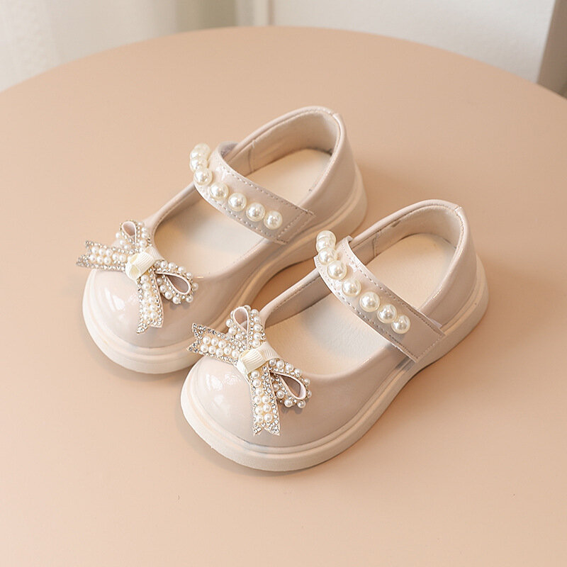 Sapatos de couro pérola bowknot macio para meninas, bebê princesa, festa de aniversário e casamento, crianças e crianças, novo, 2022