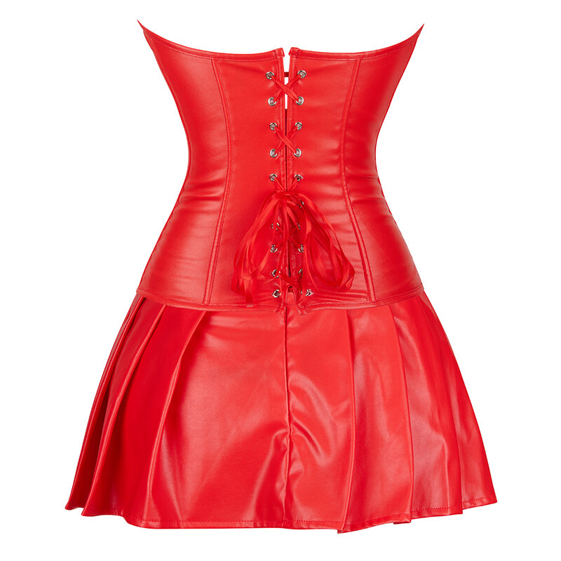 Sexy Leather Corset Skirt Burlesque Zipper Gothic Punk Steampunk Bustier Overbust Corselet Korset Dress Set