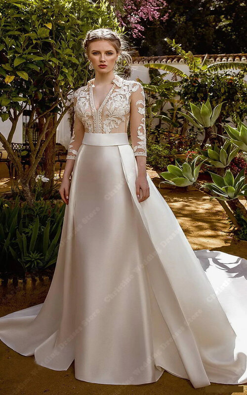 Gaun pernikahan permukaan Satin bercahaya gaun pengantin decal renda A-line elegan gaun pengantin putri klasik kustom terbaru Vestido De Noiva