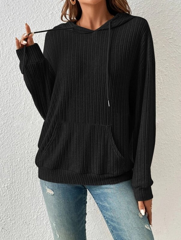 New Casual Sweater 2023 Autumn and Winter Daily Commuting Loose Pullover Hooded Pit Striped Kangaroo Pocket Sweater for Women