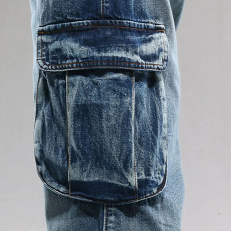 جينز رجالي كاجوال مغسول بجيوب متعددة ، بنطلون جينز فضفاض مستقيم ، بنطلون بضائع للذكور ، مقاس كبير 30-46