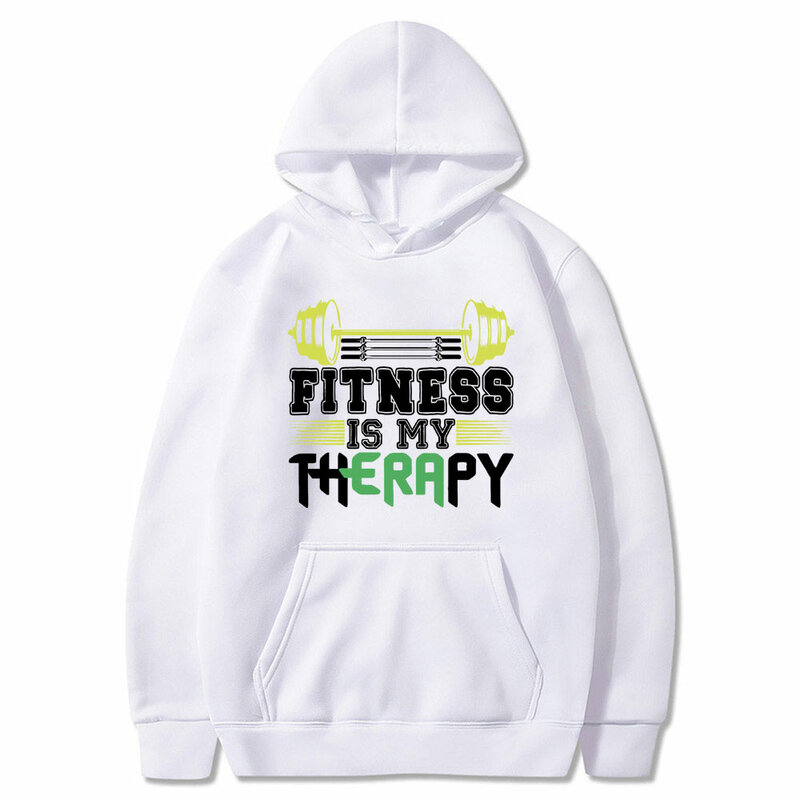 Funny Fitness Is My Therapy Meme Print Hoodie Male Casual Long Sleeve Oversized Hoodies Men Women Fitness Gym Vintage Sweatshirt