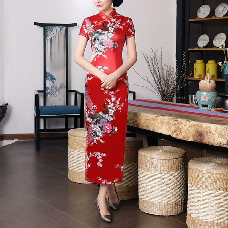 Satin Women Cheongsam Dress Traditional Chinese National Floral Print Qipao Short-sleeved Split Women Dress Retro Cheongsam
