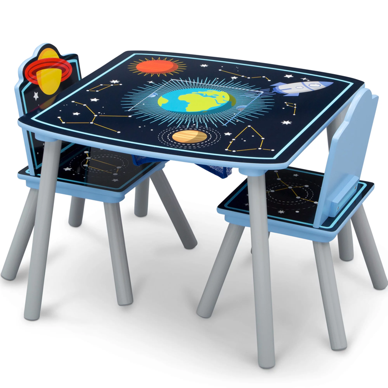 BOUSSAC Space Adventures Set tavolo e sedia in legno per bambini con contenitore, certificato Greenguard Gold