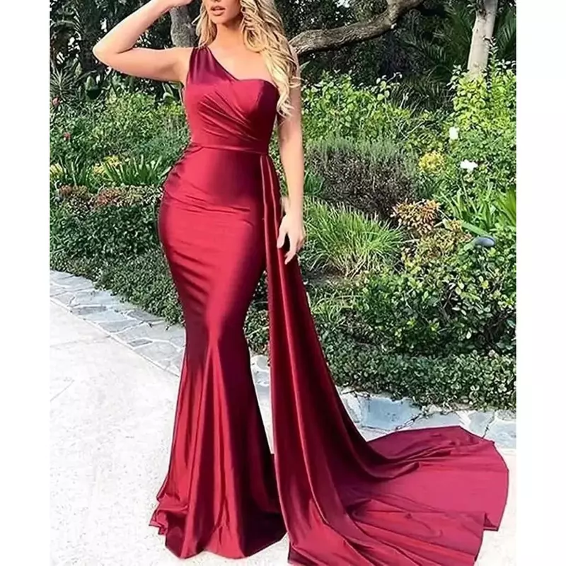 Wakuta One Shoulder Satin Mermaid Bridesmaid Dress for Women Elegant Long Balls Bodycon Evening Dress 2024 Party Gown With Train