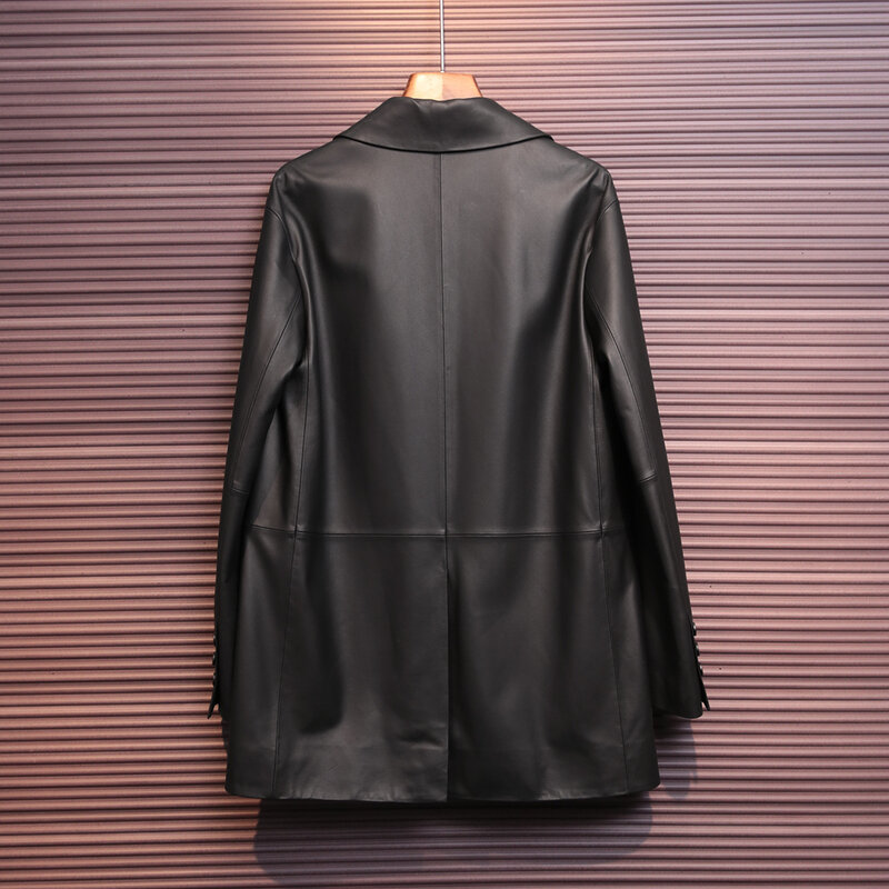 Casaco de couro genuíno feminino, jaqueta de pele de carneiro, elegantes ternos de ponta média longa, novo, FCY512, 2023