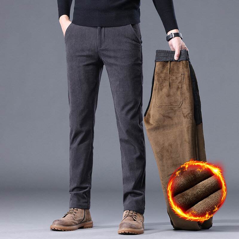Pantaloni Casual caldi invernali pantaloni da uomo in pile Slim dritti di alta qualità addensare pantaloni da lavoro caldi da lavoro pantaloni da uomo di moda