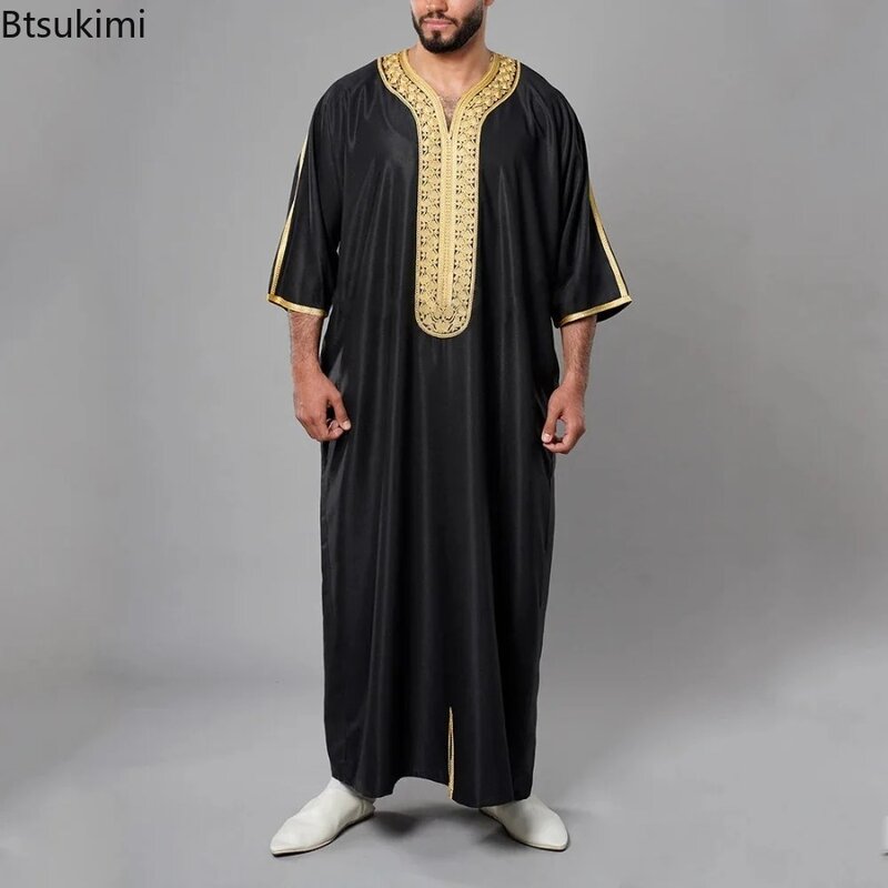 Мусульманская мода мужская одежда 2024 этнический стиль вышивка абайя кафтан Саудовская Арабская винтажная Повседневная Свободная длинная одежда для мужчин Jubba Thobe