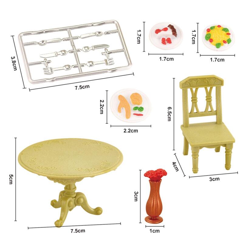 Mini zestaw mebli kuchenny z zastawa stołowa krzesłem zestaw żywności 1/12 Model kuchni zabawki do obiadu dekoracja akcesoria do zabawek dla dzieci
