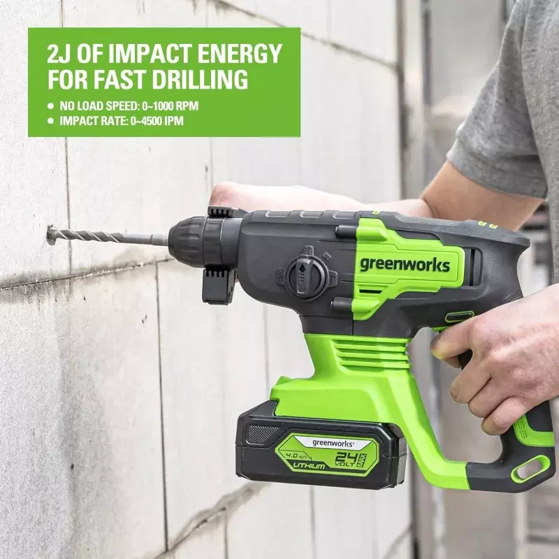 Greenworks 24V Brushless SDS 2J Rotary Hammer with 24V Battery Charger and 4Ah USB Battery