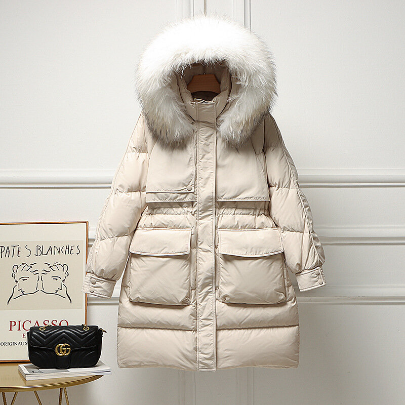 Manteau en duvet de canard blanc pour femme, pardessus à capuche mi-long, vêtements de neige chauds pour femme, épais, mode, hiver, 2023