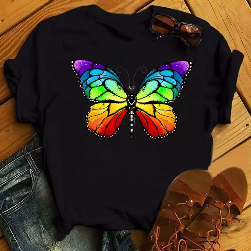Sunmmer New Wowen T Shirt Colorful Butterfly Rose Print Women T Shirt Short Sleeve O Neck Loose Ladies Tee Camisetas Mujer