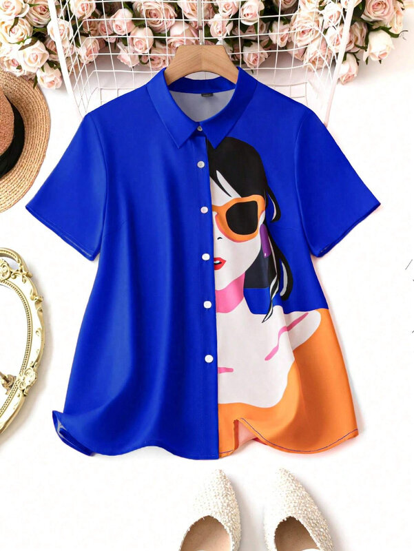Camisa feminina estampada em 3D, elegante manga curta, top de botão, roupa de mulher, moda verão, nova, 2024