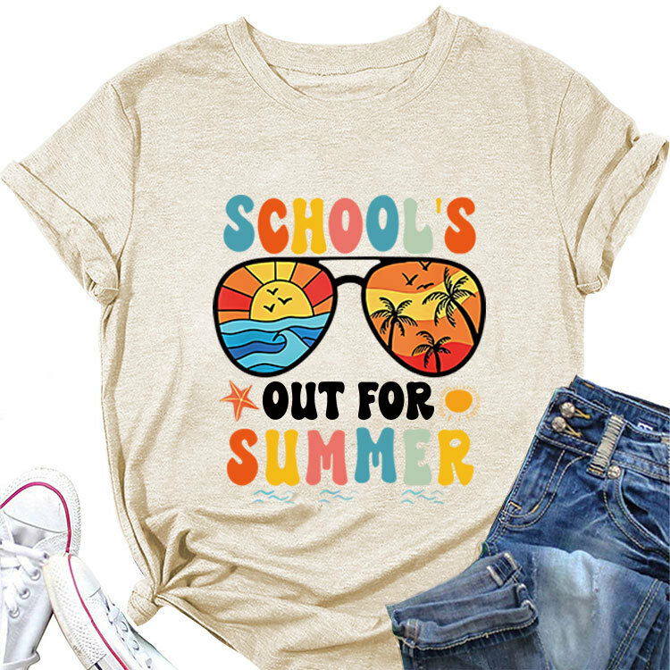 Fashion casual short-sleeved T-shirt school's out for summer printed crew-neck loose top