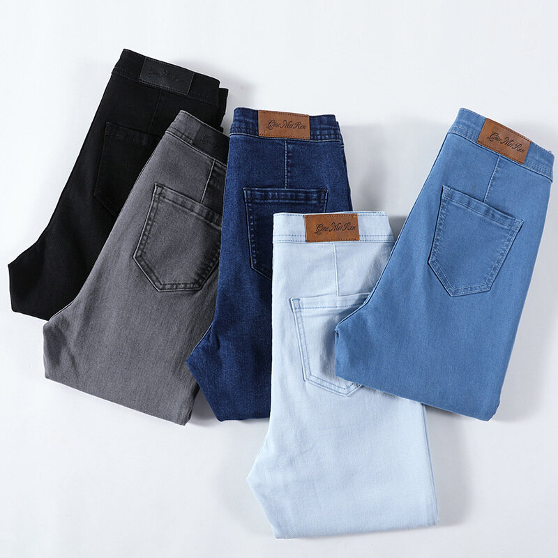 Jeans azul clássico feminino, cintura alta, super elástico, Y2k, moda estética, capris, calça jeans feminina urbana, streetwear, moda, 2023