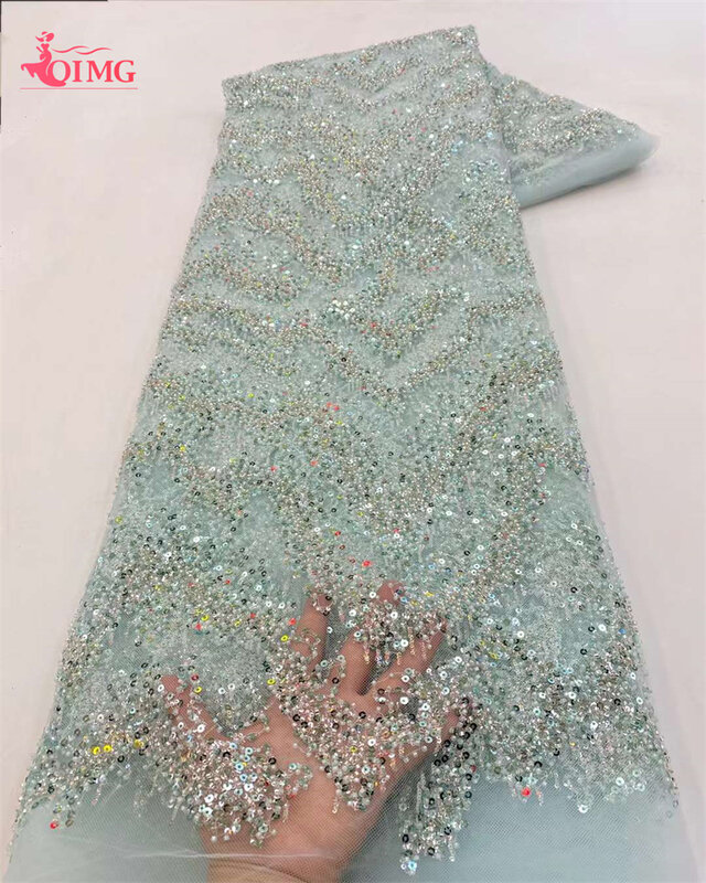 OIMG-tela de tul francés Nigeriano para boda, tejido de encaje de red con cuentas de lentejuelas pesadas, azul, hecho a mano, alta calidad, 5 yardas, 2023