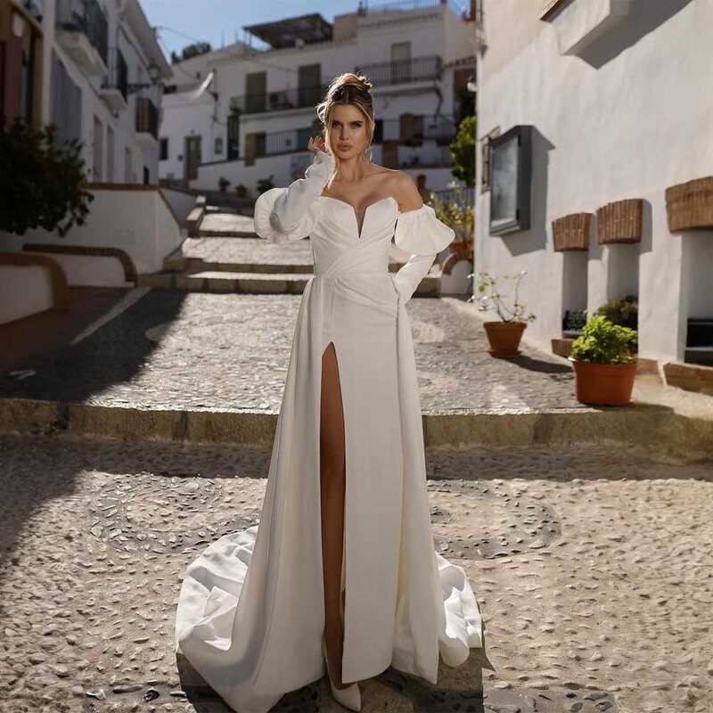 Off the Shoulder Satin Pleated Wedding Dress Sheath Side Split Court Wedding Bride Gowns for Bridal with Removable Sleeve