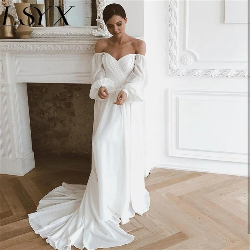 LSYX Boho V-Neck Off-Shoulder Long Puff Sleeves Chiffion Wedding Dress Pleats Button Back Court Train Bridal Gown Custom Made