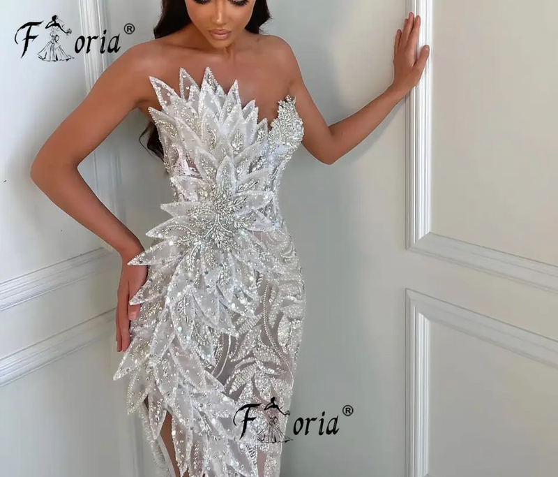 Elegante Dubai Kristalle Meerjungfrau formelle Abendkleider Perlen 3d Applikationen Arabisch Ballkleid Elfenbein Party kleider 2024 Robe de Soiree