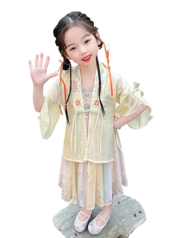 Robe d'été Hanfu pour filles, nouvelle tenue prairie pour enfants, style chinois Tang, manches courtes, jupe longue, style fin, broderie bloquant les documents