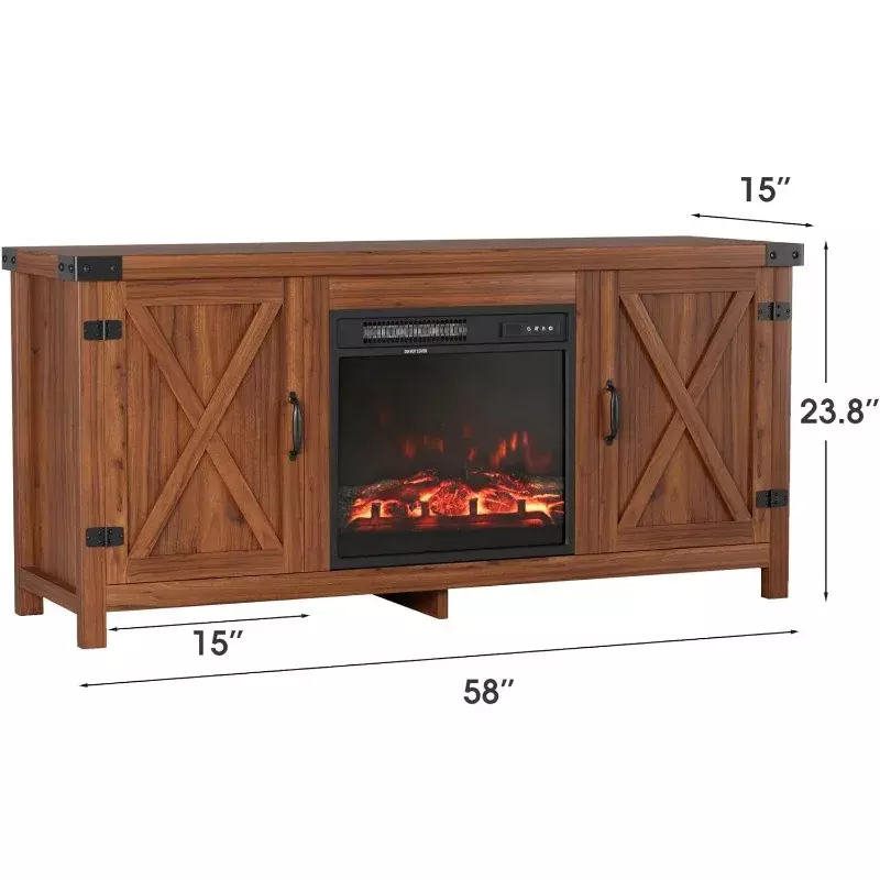 Fireplace TV Stand with Double Barn Doors Storage Cabinets for TVs to 65+ Inch, Farmhouse TV Entertainment Centerwith Cabinet
