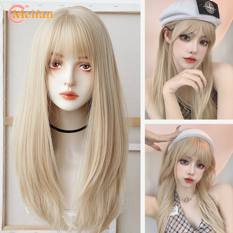 Синтетический длинный прямой парик MEIFAN для косплея с челкой, парик для девушек в Корейском стиле, милая, розовая, светлая, черная, стандартная длина, парик для Хэллоуина, Лолита