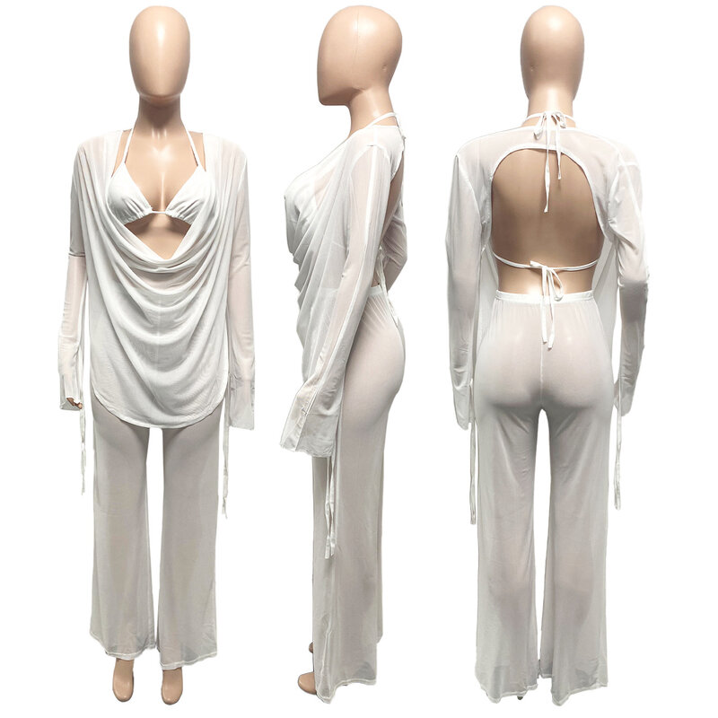 Conjunto Sexy de 3 piezas de malla transparente para mujer, sujetador con cordones, abrigo de manga larga y pantalones transparentes, trajes de fiesta a juego