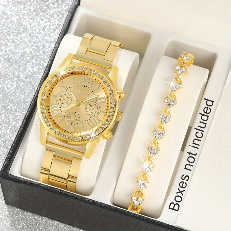 2 Stks/set Dames Luxe Strass Quartz Horloge Gouden Mode Roestvrij Stalen Band Polshorloge & Armband, Cadeau Voor Mama Haar