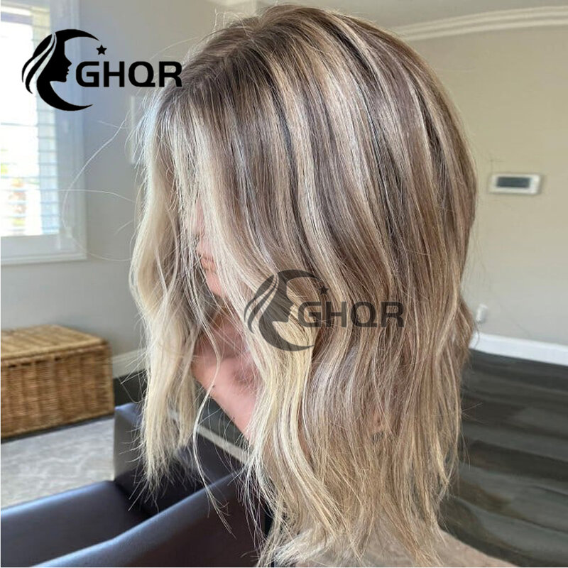 Highlight Ash Blonde And Brown Glueless Human Hair Wigs Full Lace 360 Frontal Wig Natural Wave Transparent Swiss Lace Colored Br
