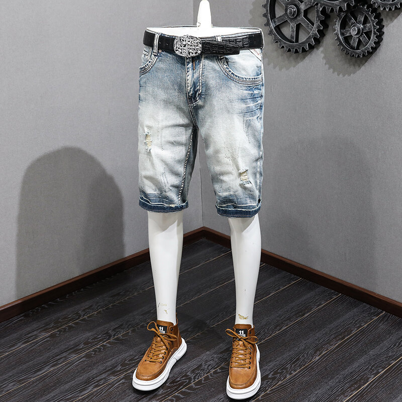 Ripped Denim Shorts Men's Nostalgic Retro Slim Fit Korean Style Street Style Trendy Scrape Personality All-Match Casual Shorts