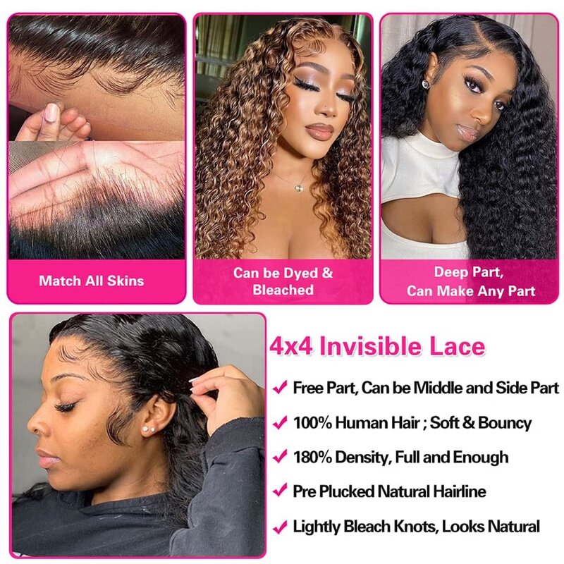 Pelucas frontales de encaje 13x6 para mujeres negras, cabello humano ondulado al agua, brasileño, densidad de 180, 4x4, sin pegamento