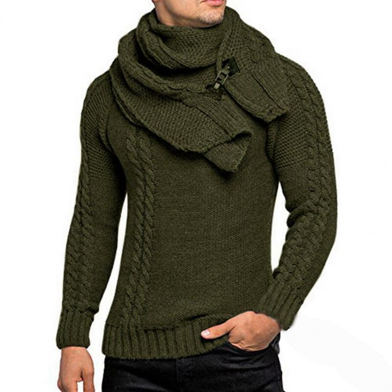 Twist Ribbed Cuffs Winter Men Sweater Scarf Detachable Leather Buckle Bib Pullover Thicken Vintage Men Sweater Knitted Sweater