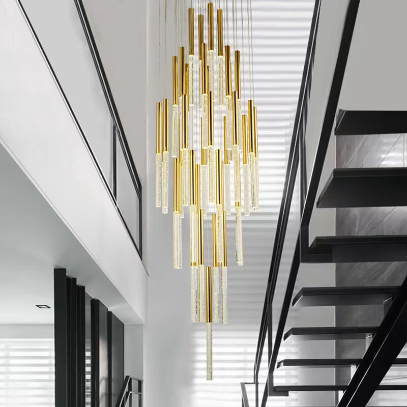 Led longo lustre duplex sala de estar pingente cristal lâmpada gota luz loft escada lustre para villa iluminação lobby fixtues