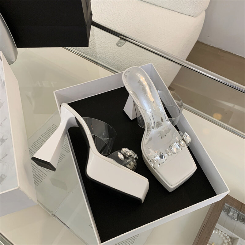 Zapatillas De Mujer sepatu hak tinggi transparan PVC Wanita Mode musim panas kristal tebal