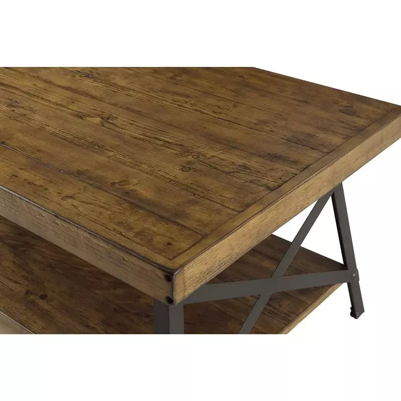 Meja kopi, meja kopi industri pedesaan kayu Solid dan baja kafe dengan rak terbuka, meja kopi 48"