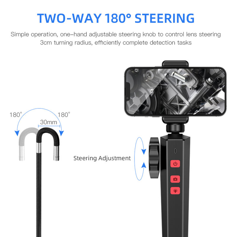 6MM/8MM Newest 180 Degree Steering Industrial Borescope Endoscope Cars Inspection 1080P Camera With 6 LED for iPhone Android PC