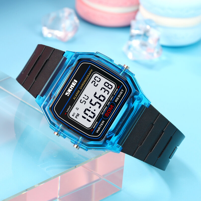 SKMEI-Montre-bracelet numérique antichoc pour femme, affichage de la lumière arrière, chronomètre, transparent, bracelet en TPU, 2056