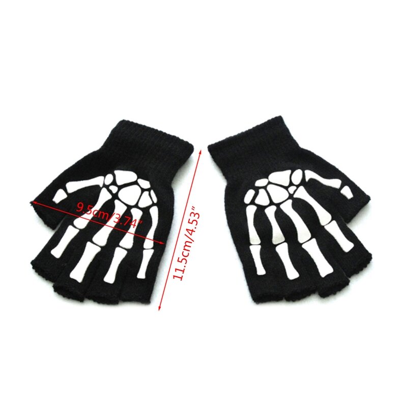 652F Toddler Kids Halloween Cosplay Skeleton Skull Half Finger Gloves Glow in the Dark Luminous Fingerless Winter Mittens
