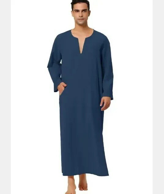 2024 Men Muslim Kaftan Robe Long Sleeve Thobe Tunic Pilgrim Shirt with Pockets  Islamic Clothing Men  Jubba  Thobes