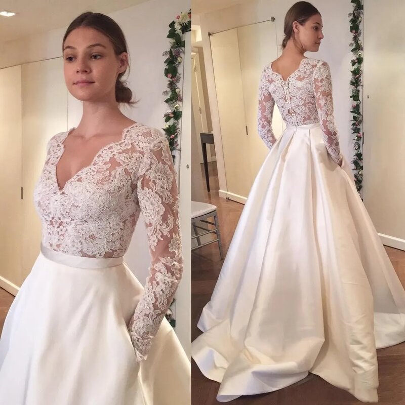 Vestidos de novia 2024V-Neck Long Sleeve Wedding Dress Lace Appliques A-Line Satin With Pocked Floor-Length Wedding Party Dress