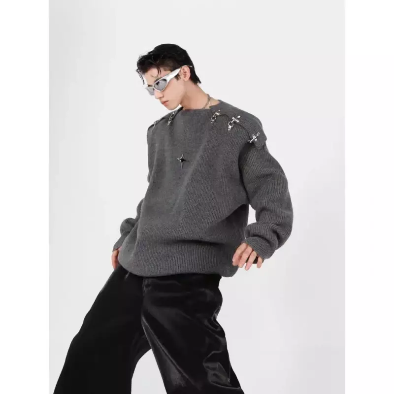 Maglioni lavorati a maglia con fibbia in metallo Casual Harajuku maglione gotico Vintage High Street uomo donna autunno inverno Pullover allentato Y2k top
