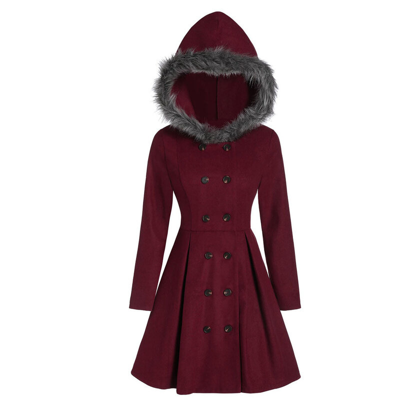 Moda na co dzień princeska futro z kapturem 2023 nowy zimowy wełniany płaszcz wąski dwurzędowy płaszcz o średniej długości
