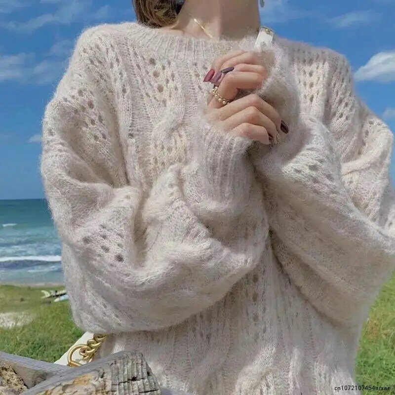 Suéter feminino solto estilo preguiçoso, suéter de malha fina, pulôver oco, roupa exterior da primavera, outono, doce