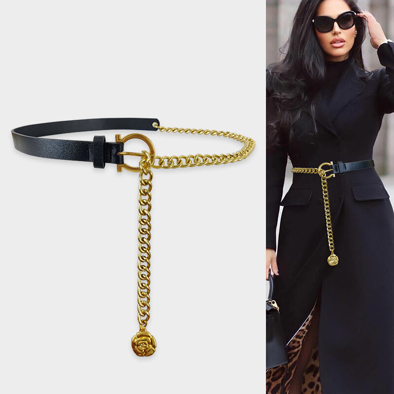 Cinturón de cadena dorada para mujer, pretina de Metal Punk, cinturones largos de diseñador, abrigo de alta calidad, corsé de vestido, moneda de flores