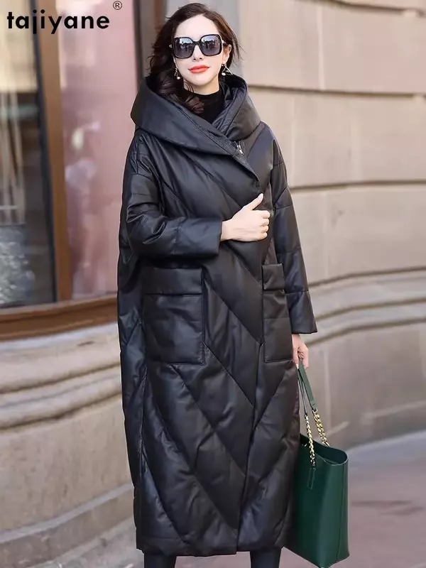 Tajiyane-Manteau à capuche en cuir de mouton véritable pour femme, 90% duvet de canard blanc, vestes longues pour femme, 2023
