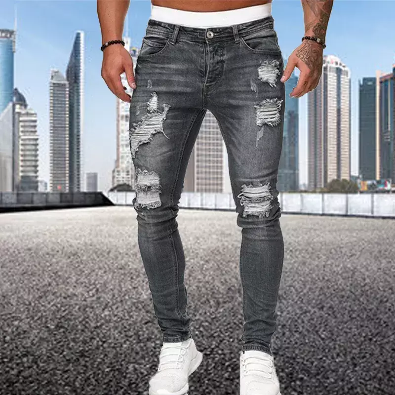 Fashion Street Style Jeans Skinny strappati da uomo Vintage wash Solid Denim pantaloni da uomo Casual Slim fit pencil denim Pants vendita calda
