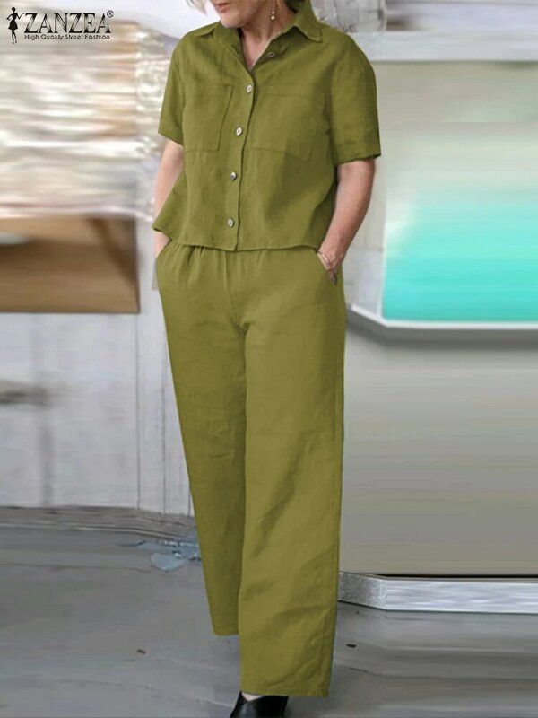 ZANZEA-traje de trabajo OL elegante para mujer, conjunto de 2 piezas a juego, camisa de manga corta informal, pantalones sueltos, chándales urbanos de moda